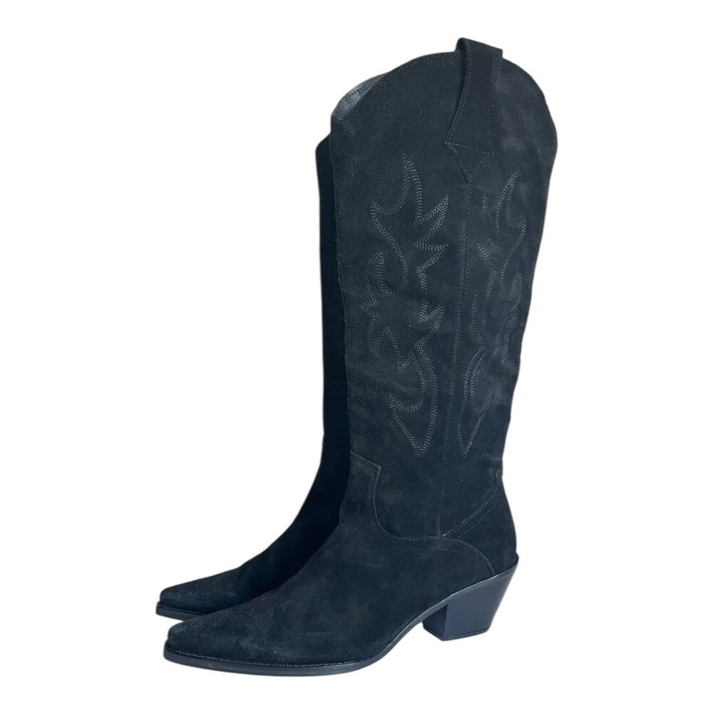 ZARA Embroidered Black Suede Western Tall Cowboy Boots Size 40 EU - Picture 3 of 15